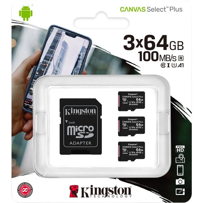 KINGSTON MOBILE, 64Gb Micsdxc Canvas Select,Plus 100R A1 C10 3Pk + Single***