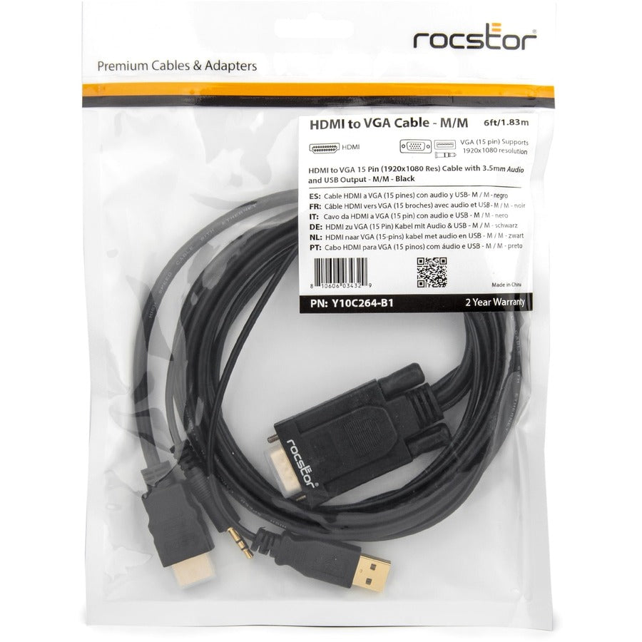 ROCSTOR, 6Ft 1.83M M/M Hdmi To Vga Cable,15Pin