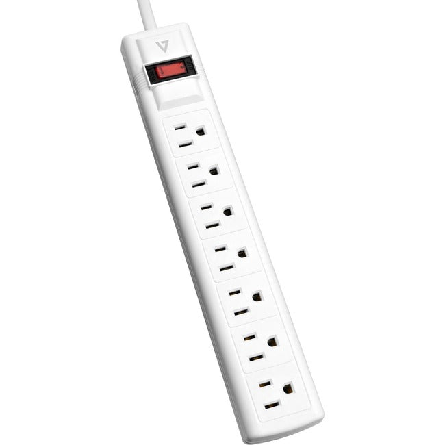 V7, 7 Outlet Surge Protector 1050J,12Ft Cord 125V Strip White