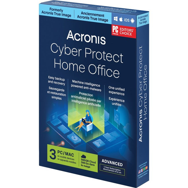 Acronis, Inc, Acronis Cyber Protect Home Office Advanced - Licence d'abonnement - 3 ordinateurs, 500 Go d'espace de stockage dans le cloud, nombre illimité d'appareils mobiles - 1 an