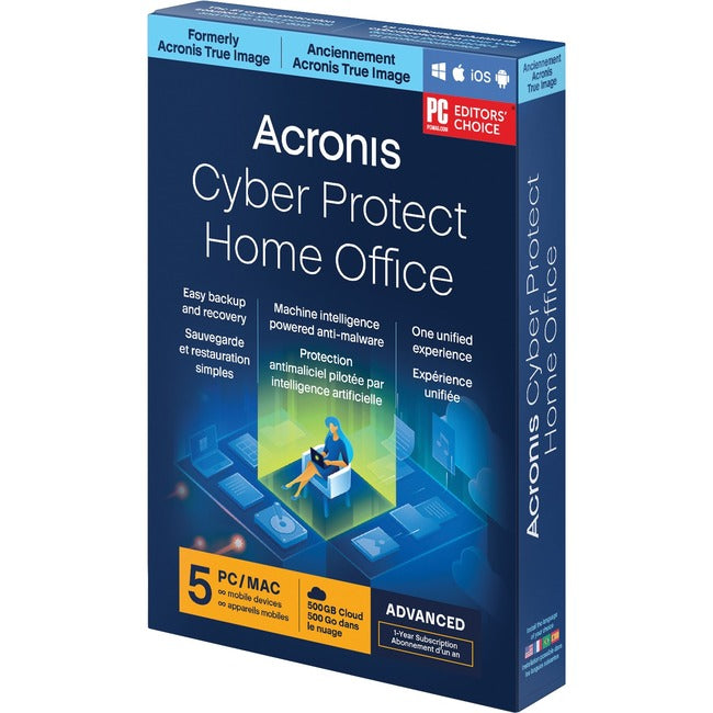 Acronis, Inc, Acronis Cyber Protect Home Office Advanced - Licence d'abonnement - 5 ordinateurs, 500 Go d'espace de stockage dans le cloud, nombre illimité d'appareils mobiles - 1 an