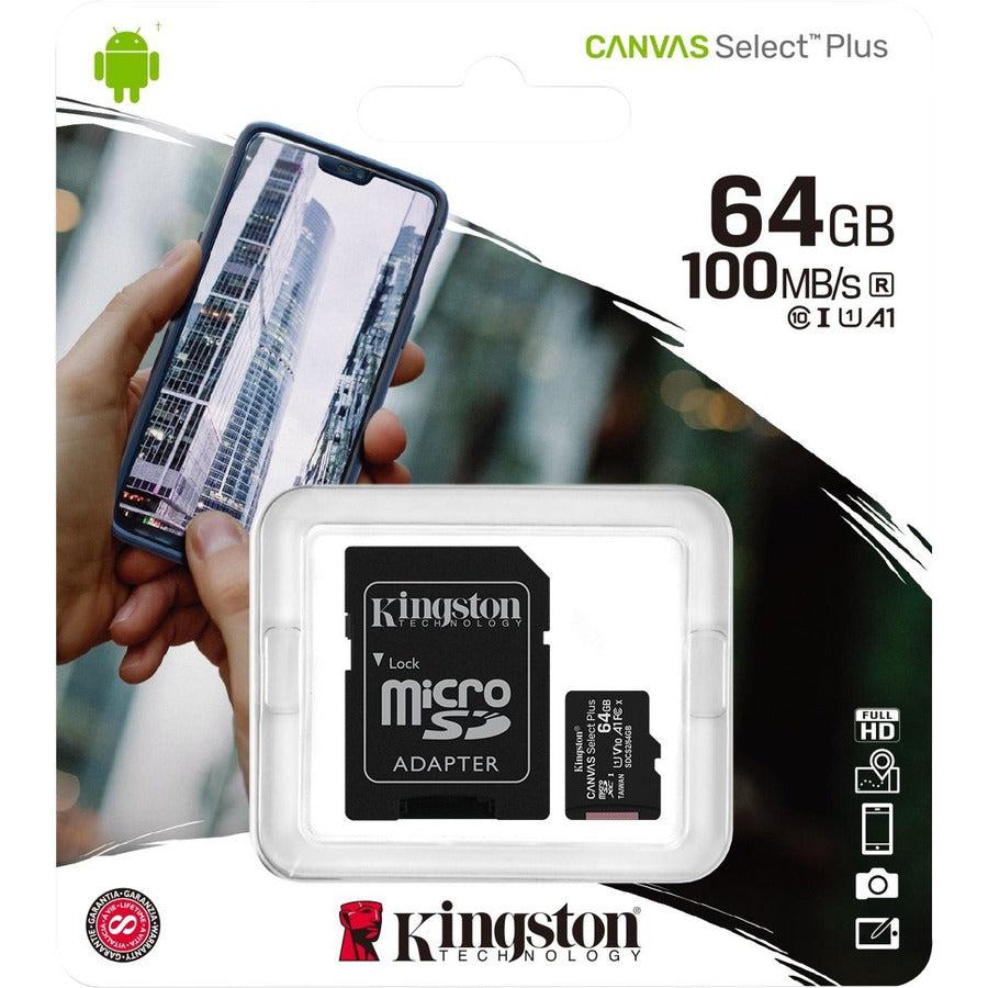 KINGSTON MOBILE, Carte 64Gb Micsdxc Canvas Select,Plus 100R A1 C10 + Adp